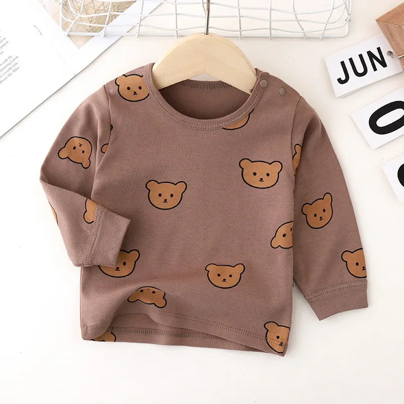 Baby 2PCS Pajama Set Cotton Long Sleeve Outfit for Autumn Winter Wear brown top with teddy bear faces