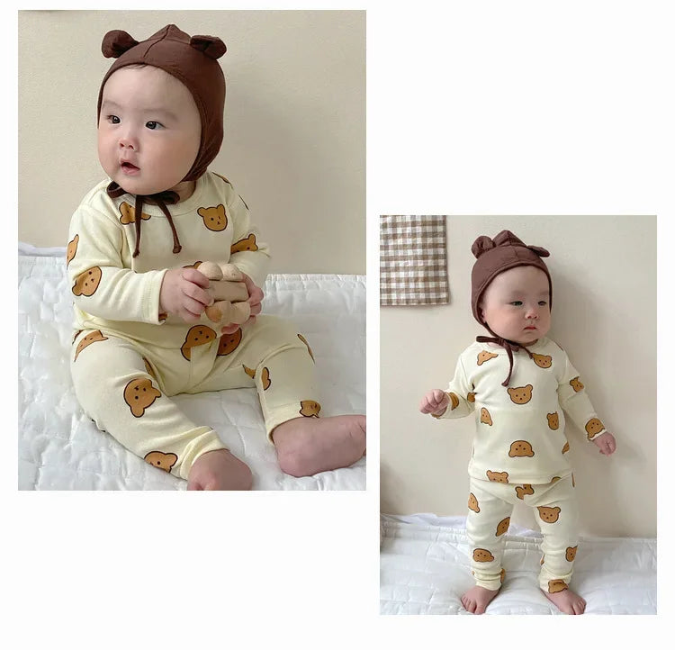 Baby 2PCS Pajama Set Cotton Long Sleeve Outfit for Autumn Winter Wear with bear print and brown hood