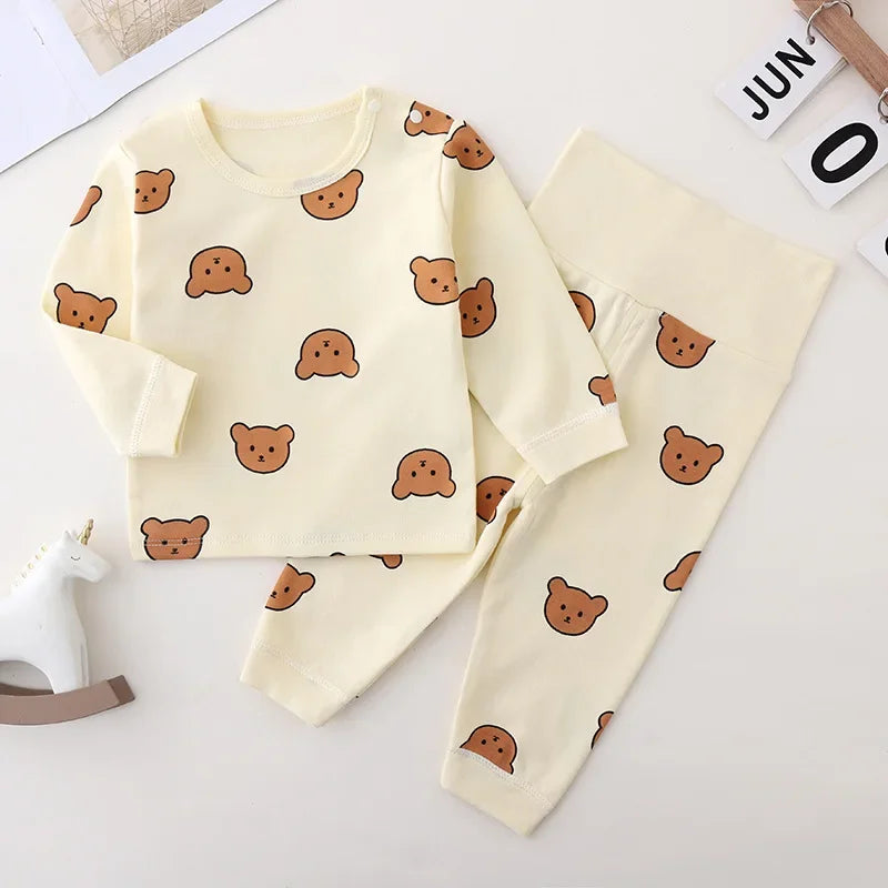 Baby 2PCS Pajama Set Cotton Long Sleeve Outfit for Autumn Winter Wear with bear print on cream fabric