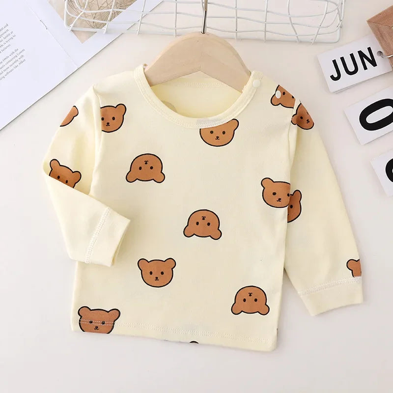 Baby 2PCS Pajama Set Cotton Long Sleeve Outfit for Autumn Winter Wear with cute bear face prints