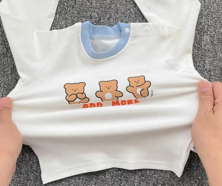 Baby 2PCS Pajama Set Cotton Long Sleeve Outfit for Autumn Winter Wear with cute bear design on white fabric