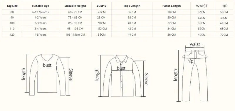 Size chart for Baby Boy Clothes Set by Yamza Tots' Closet with measurements for bust, top length, pants length, waist, and hip