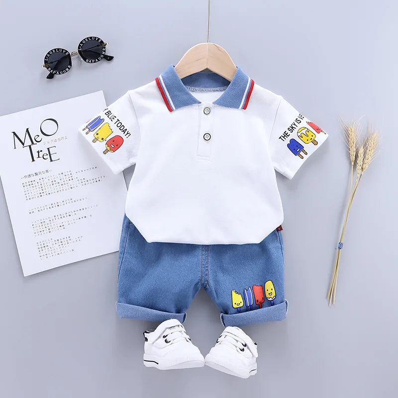 Baby Boy Clothes Set with white polo shirt and blue denim shorts featuring cartoon prints