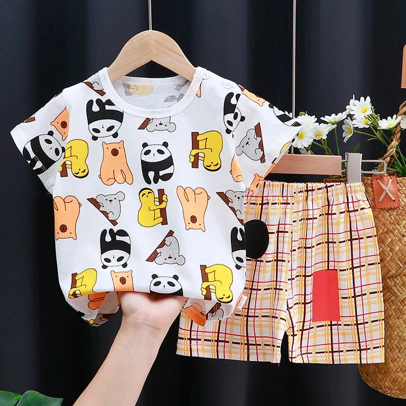 Baby Boy & Girl Cotton T-Shirt & Shorts Summer Set Cartoon Casual Tracksuit with animal print tee and plaid shorts