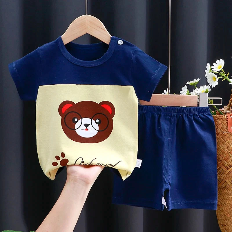 Baby Boy & Girl Cotton T-Shirt & Shorts Summer Set Cartoon Casual Tracksuit with bear design in navy blue