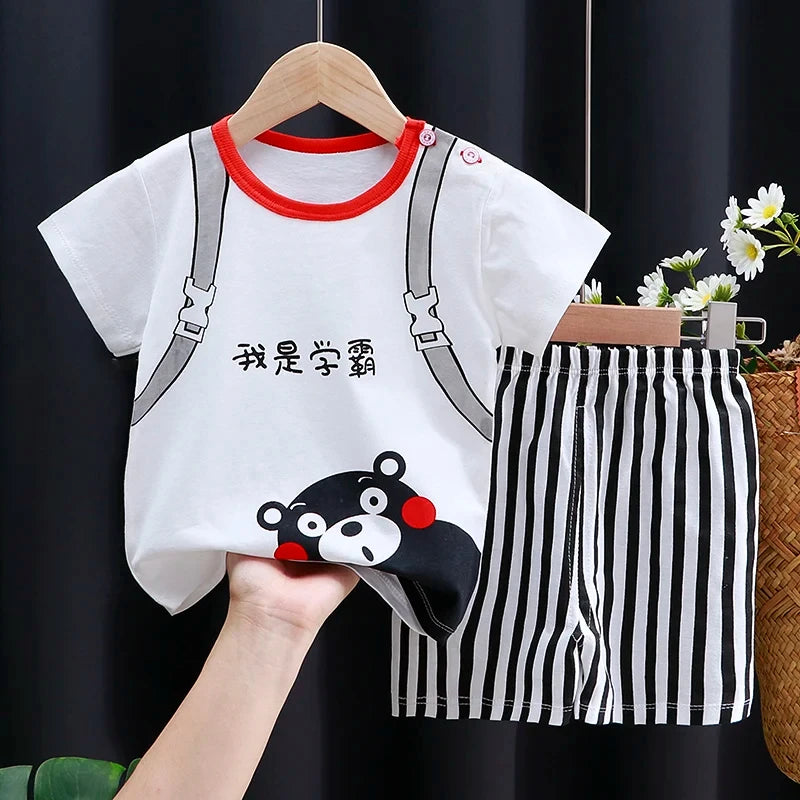Baby Boy & Girl Cotton T-Shirt & Shorts Summer Set Cartoon Casual Tracksuit with black and white striped shorts and bear print shirt