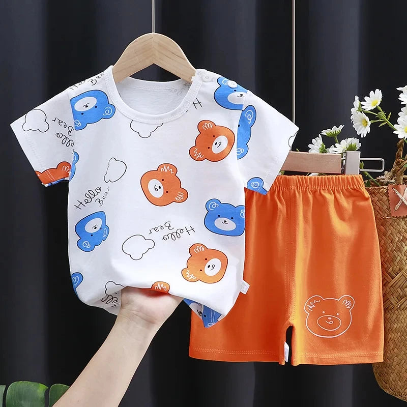 Baby Boy & Girl Cotton T-Shirt & Shorts Summer Set Cartoon Casual Tracksuit with colorful bear prints and orange shorts
