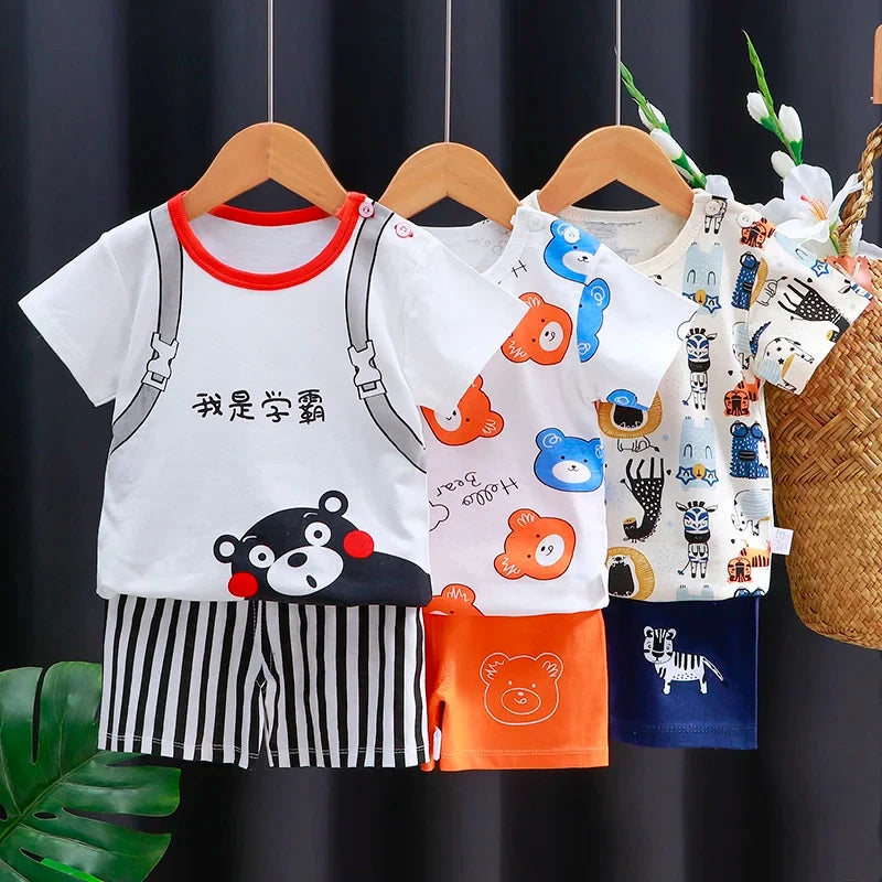 Baby Boy & Girl Cotton T-Shirt & Shorts Summer Set Cartoon Casual Tracksuit with bear and animal prints