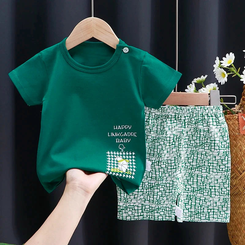 Baby Boy & Girl Cotton T-Shirt & Shorts Summer Set Cartoon Casual Tracksuit in green with graphic tee and patterned shorts