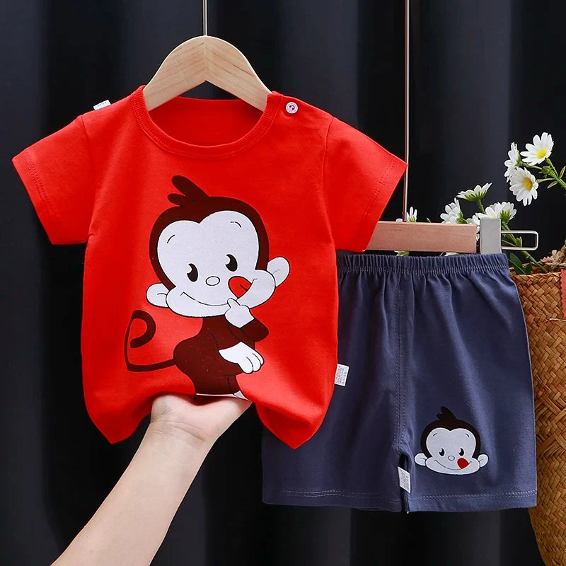 Baby Boy & Girl Cotton T-Shirt & Shorts Summer Set Cartoon Casual Tracksuit with red monkey print shirt and navy shorts