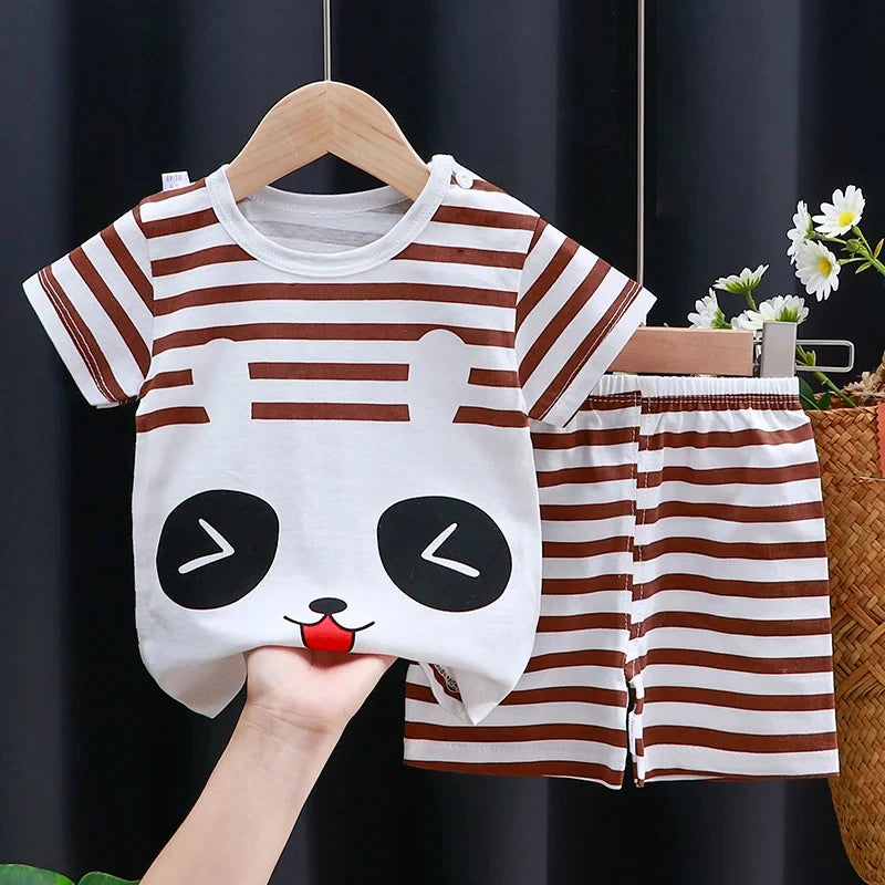 Baby Boy & Girl Cotton T-Shirt & Shorts Summer Set Cartoon Casual Tracksuit with panda face and brown stripes