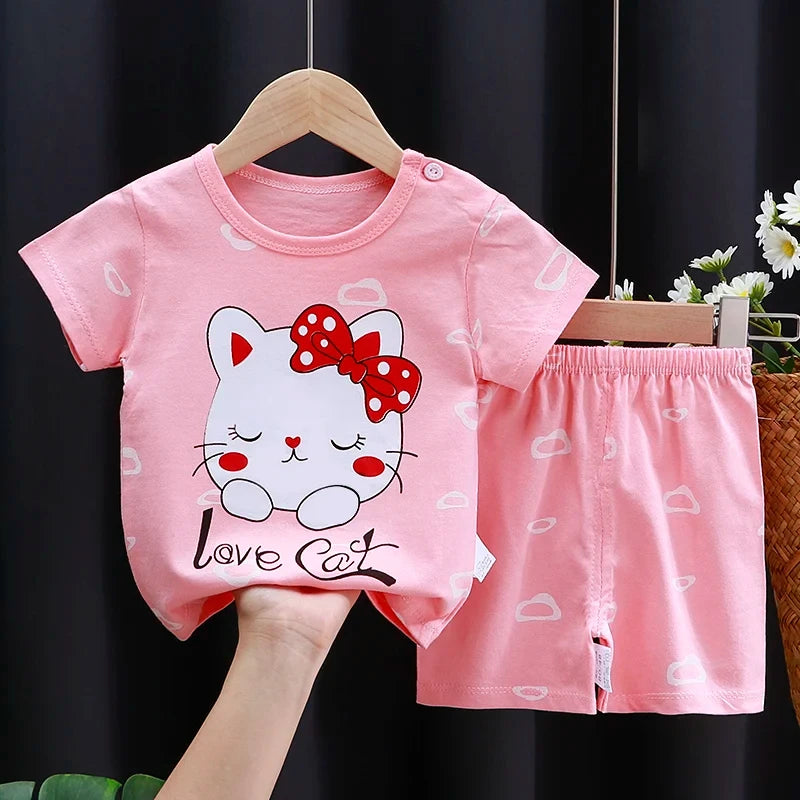 Baby Boy & Girl Cotton T-Shirt & Shorts Summer Set Cartoon Casual Tracksuit in pink with a cute cat design
