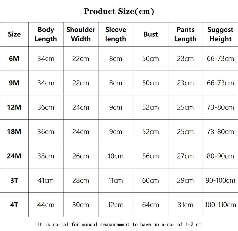 Size chart for Baby Boy & Girl Cotton T-Shirt & Shorts Summer Set Cartoon Casual Tracksuit with measurements in centimeters