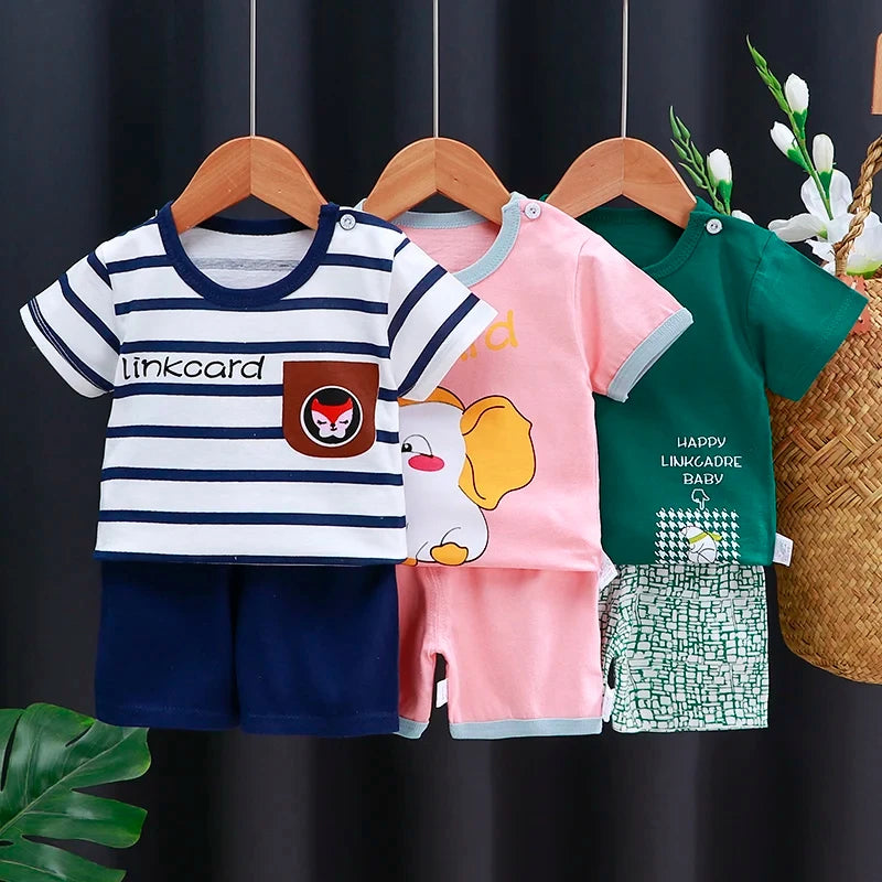 Baby Boy & Girl Cotton T-Shirt & Shorts Summer Set Cartoon Casual Tracksuit in navy stripes, pink, and green designs