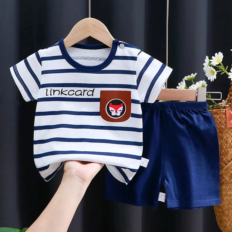 Baby Boy & Girl Cotton T-Shirt & Shorts Summer Set Cartoon Casual Tracksuit striped top with fox patch and navy blue shorts
