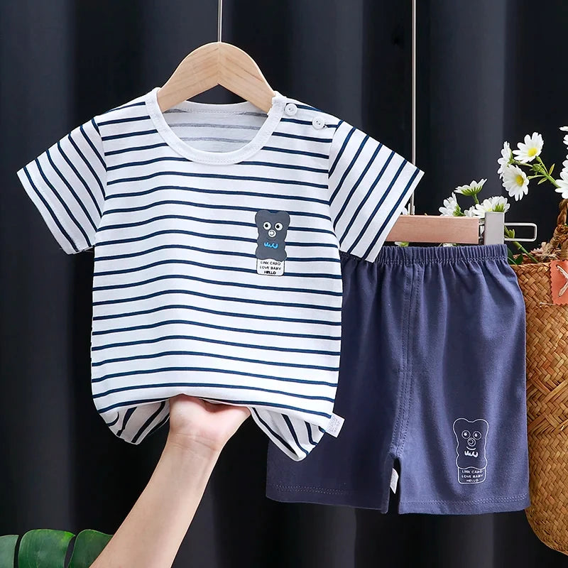 Baby Boy & Girl Cotton T-Shirt & Shorts Summer Set Cartoon Casual Tracksuit with striped shirt and navy shorts