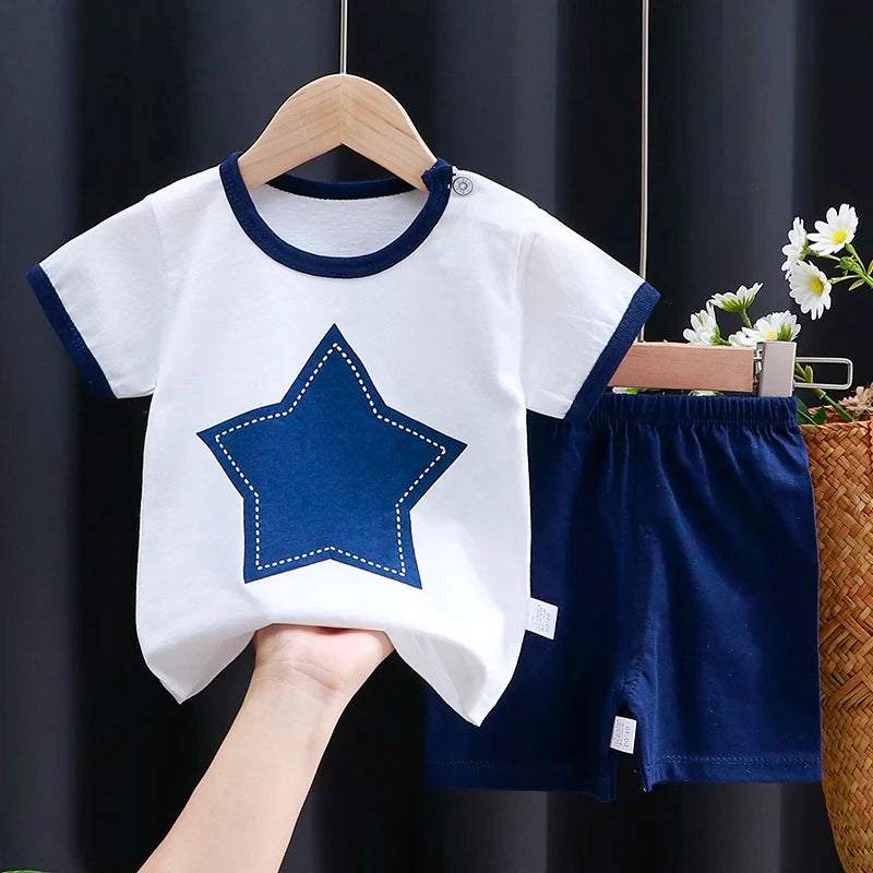 Baby Boy & Girl Cotton T-Shirt & Shorts Summer Set Cartoon Casual Tracksuit with white top and navy star print