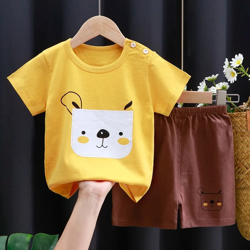 Baby Boy & Girl Cotton T-Shirt & Shorts Summer Set Cartoon Casual Tracksuit in yellow and brown with animal face design