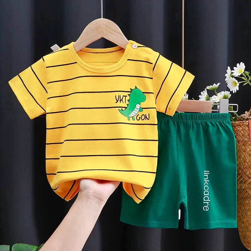 Baby Boy & Girl Cotton T-Shirt & Shorts Summer Set Cartoon Casual Tracksuit by Yamza Tots' Closet in yellow and green