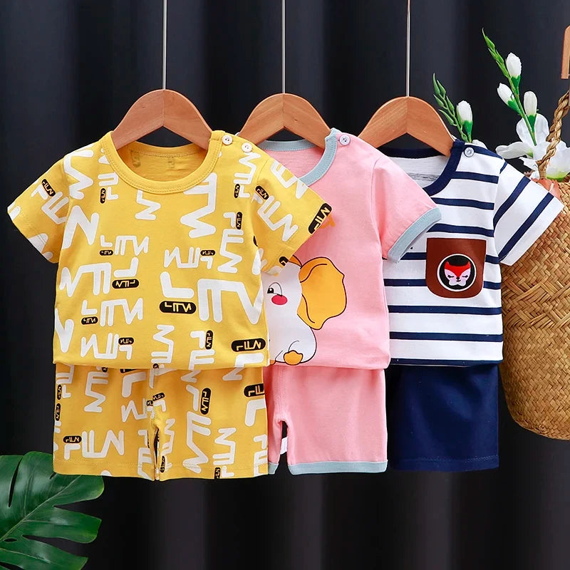 Baby Boy & Girl Cotton T-Shirt & Shorts Summer Set Cartoon Casual Tracksuit in yellow, pink, and navy designs