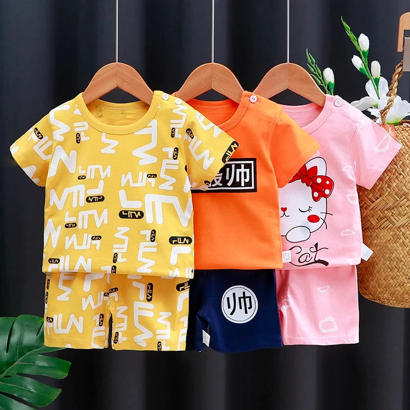 Baby Boy & Girl Cotton T-Shirt & Shorts Summer Set Cartoon Casual Tracksuit in yellow orange and pink colors