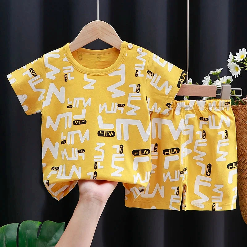 Baby Boy & Girl Cotton T-Shirt & Shorts Summer Set Cartoon Casual Tracksuit in yellow with white and black print 