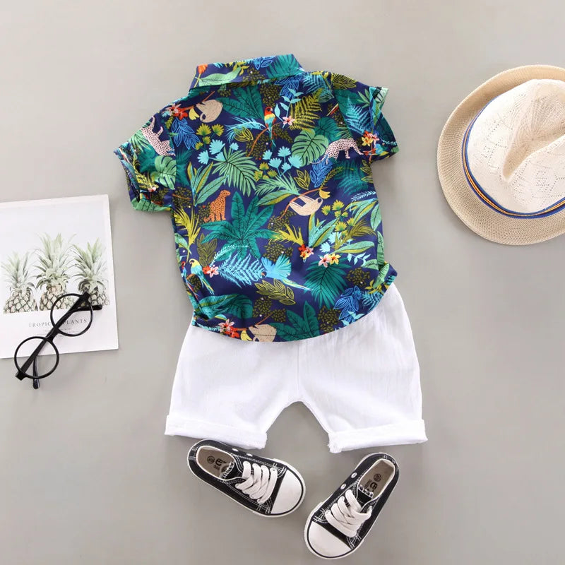 Baby Boy Summer Clothes Printed Shirt and Shorts Casual 2 Piece Set with tropical print shirt and white shorts  