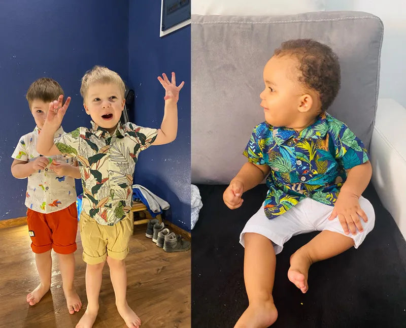 Baby Boy Summer Clothes Printed Shirt and Shorts Casual 2 Piece Set featuring tropical print shirts with yellow and white shorts