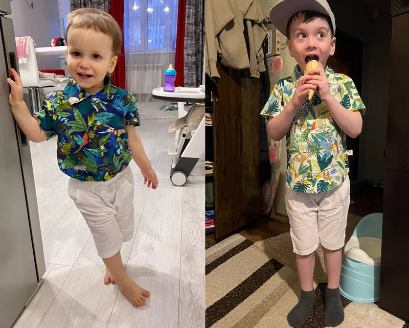 Baby Boy Summer Clothes Printed Shirt and Shorts Casual 2 Piece Set with tropical patterns worn by two boys indoors