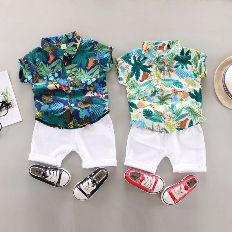 Baby Boy Summer Clothes Printed Shirt and Shorts Casual 2 Piece Set with tropical print shirts and white shorts