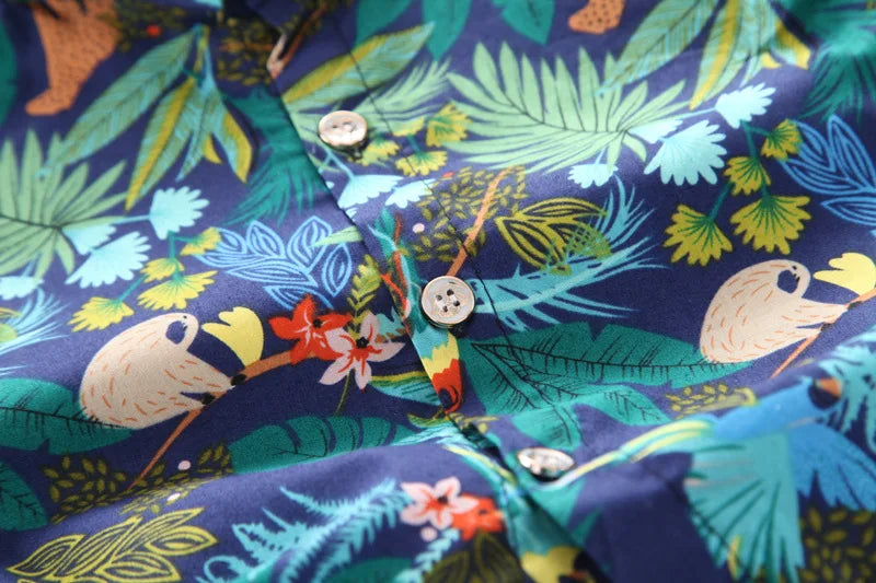 Baby Boy Summer Clothes Printed Shirt and Shorts Casual 2 Piece Set with colorful tropical animal print and buttons
