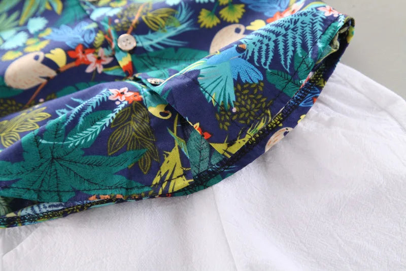 Baby Boy Summer Clothes Printed Shirt and Shorts Casual 2 Piece Set with colorful tropical print shirt and white shorts