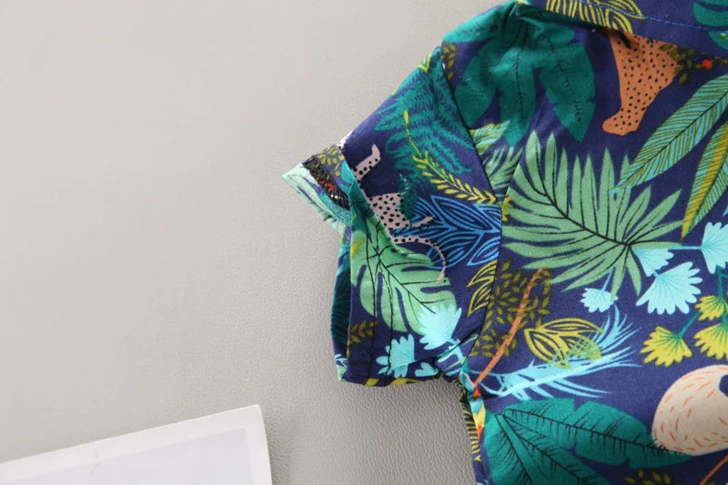 Baby Boy Summer Clothes Printed Shirt and Shorts Casual 2 Piece Set with tropical leaf and animal print design