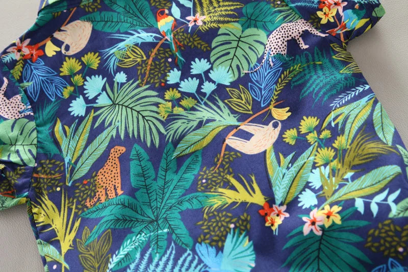 Baby Boy Summer Clothes Printed Shirt and Shorts Casual 2 Piece Set with colorful jungle animal and leaf patterns