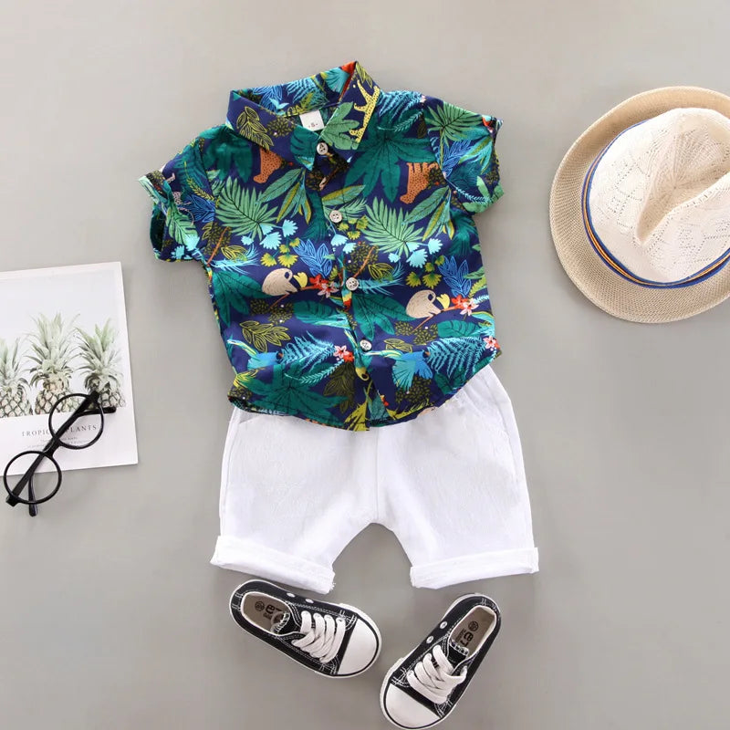 Baby Boy Summer Clothes Printed Shirt and Shorts Casual 2 Piece Set with tropical print shirt and white shorts   