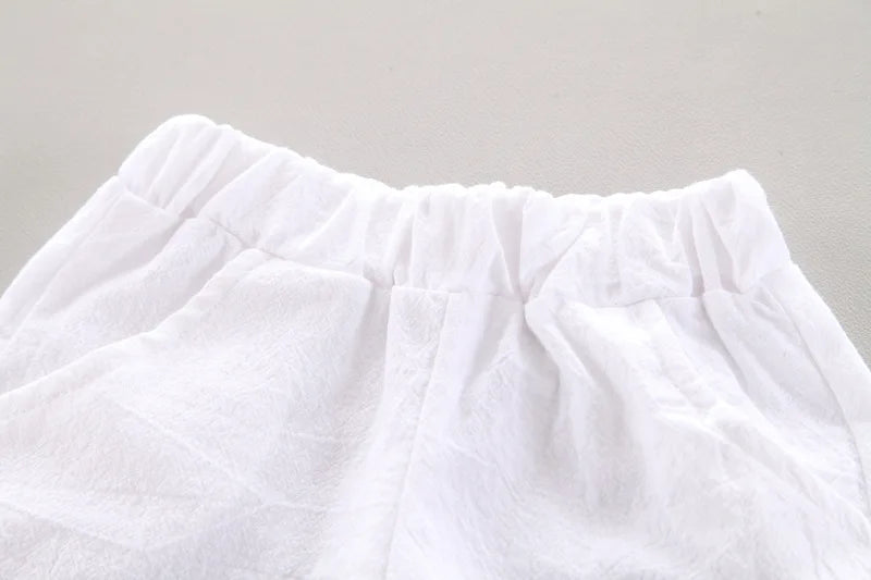 Close-up of white shorts waistband from Baby Boy Summer Clothes Printed Shirt and Shorts Casual 2 Piece Set