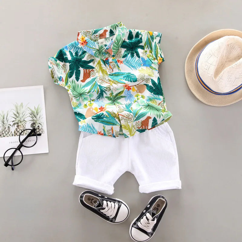 Baby Boy Summer Clothes Printed Shirt and Shorts Casual 2 Piece Set with tropical print shirt and white shorts