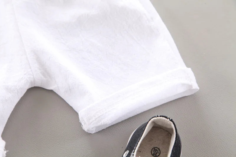White shorts detail of Baby Boy Summer Clothes Printed Shirt and Shorts Casual 2 Piece Set by Yamza Tots' Closet