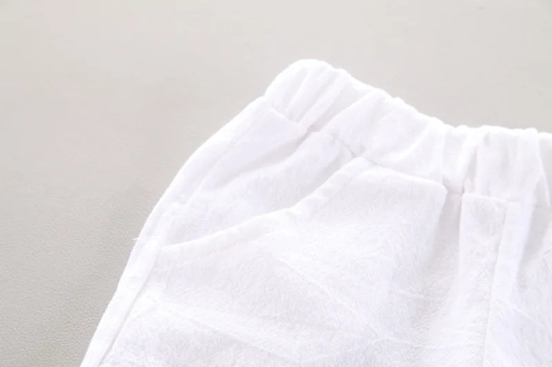Close-up of white shorts with elastic waistband from Baby Boy Summer Clothes Printed Shirt and Shorts Casual 2 Piece Set