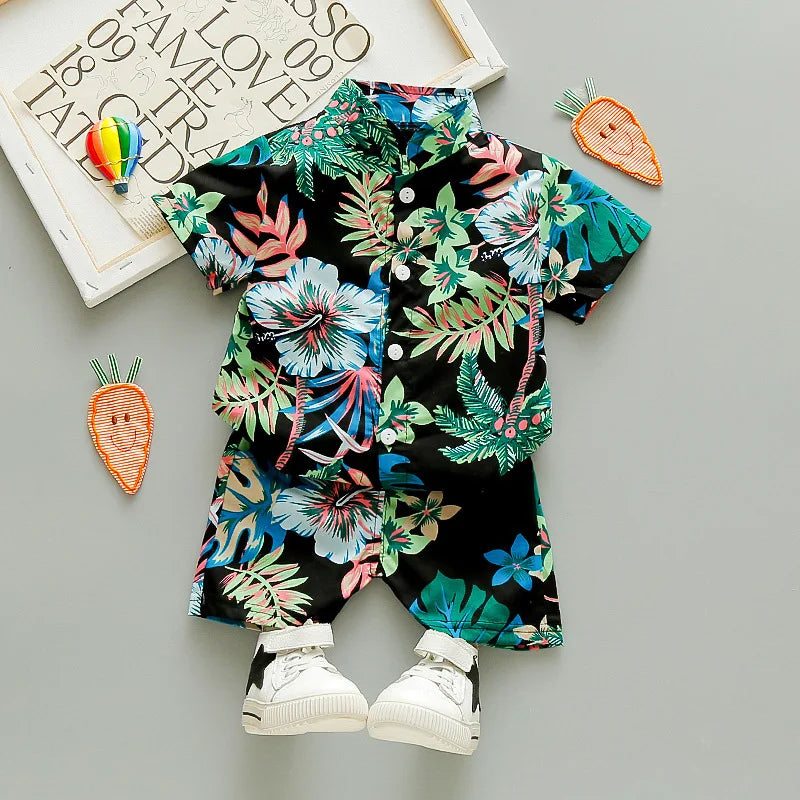 Baby Boy Summer Outfit Printed Shirt and Shorts 2 Piece Beach Clothes with tropical floral design