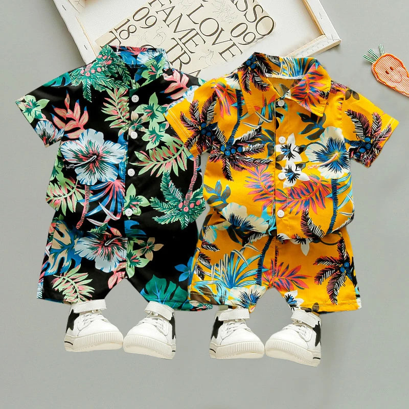 Baby Boy Summer Outfit Printed Shirt and Shorts 2 Piece Beach Clothes in black and yellow with tropical floral patterns
