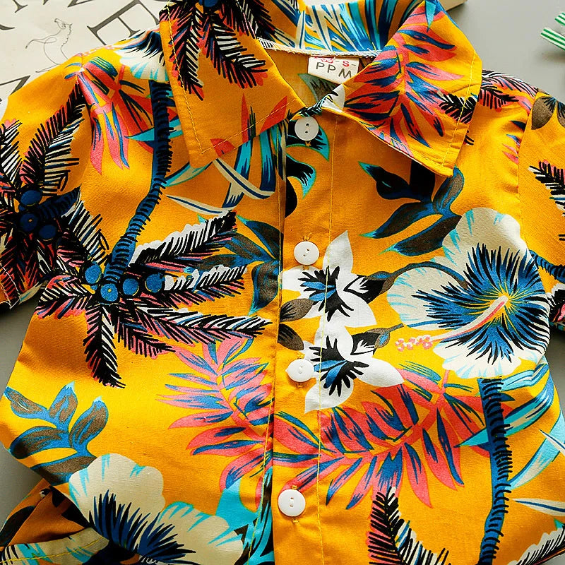 Baby Boy Summer Outfit Printed Shirt and Shorts 2 Piece Beach Clothes with tropical floral pattern on yellow fabric