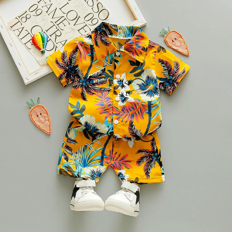 Baby Boy Summer Outfit Printed Shirt and Shorts 2 Piece Beach Clothes with tropical floral design in yellow