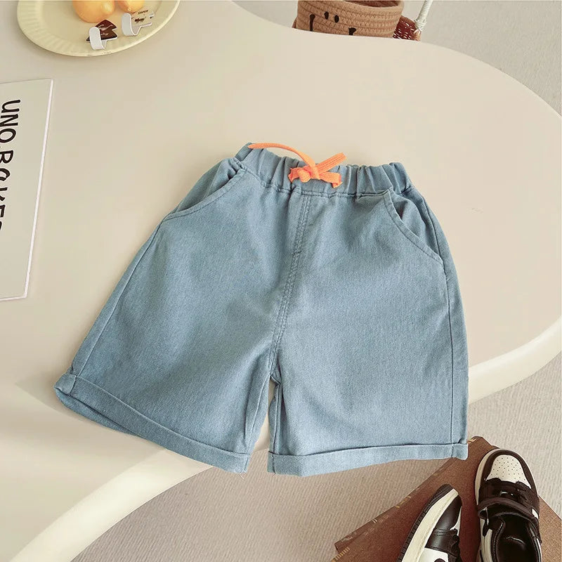Light blue baby shorts with orange drawstring part of Baby Boy's Clothing Outfits Sets T-shirt & Shorts suits