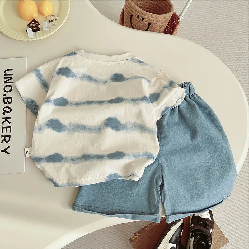 Baby Boy's Clothing Outfits Sets T-shirt & Shorts suits with white and blue tie-dye top and solid blue shorts