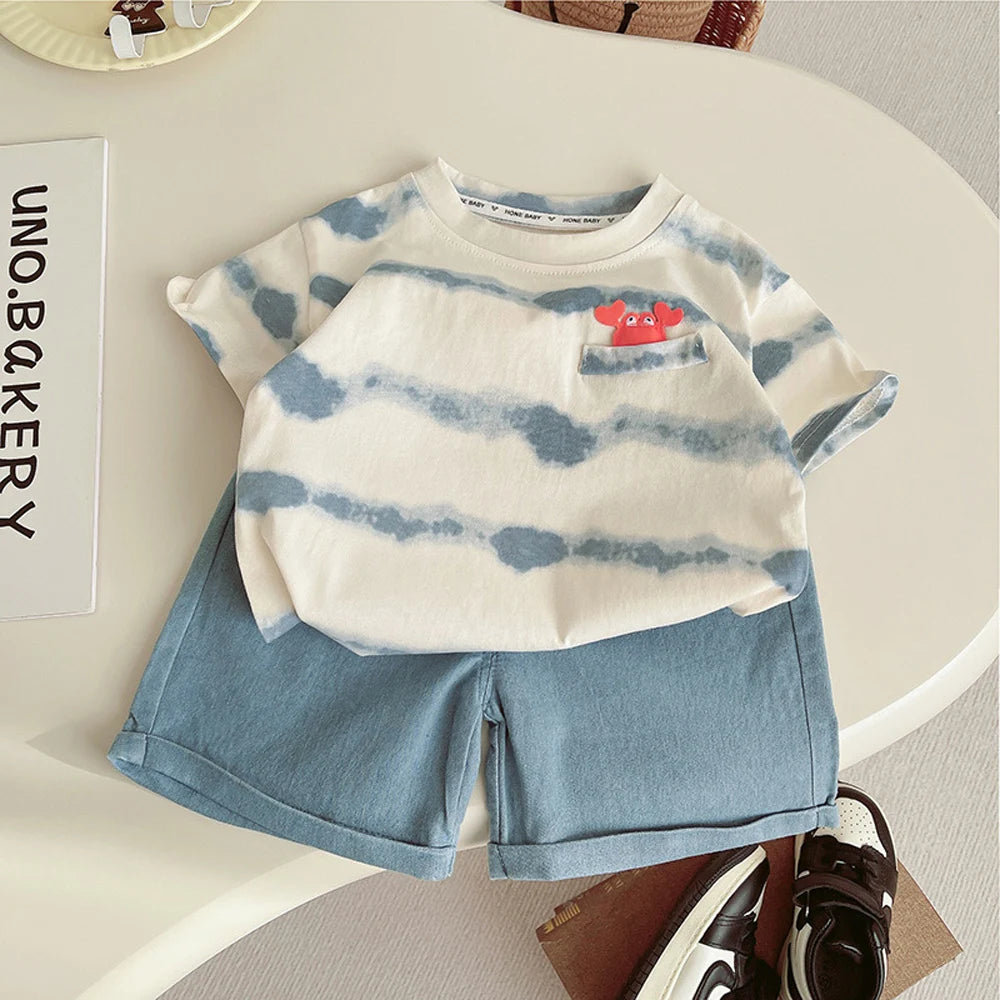 Yamza Tots' Closet baby boy's clothing outfits sets T-shirt and shorts suits with tie-dye top and blue shorts