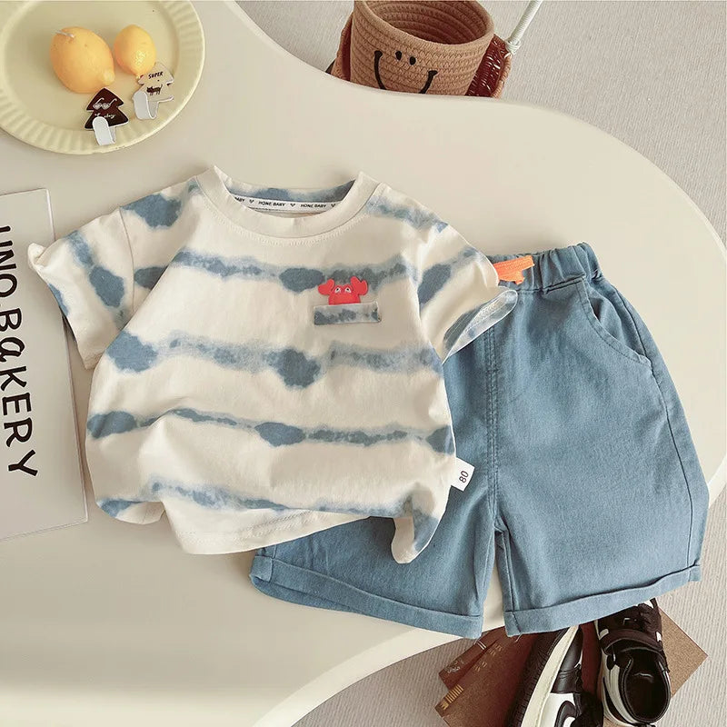 Baby Boy's Clothing Outfits Sets T-shirt & Shorts suits in blue tie-dye shirt and solid blue shorts