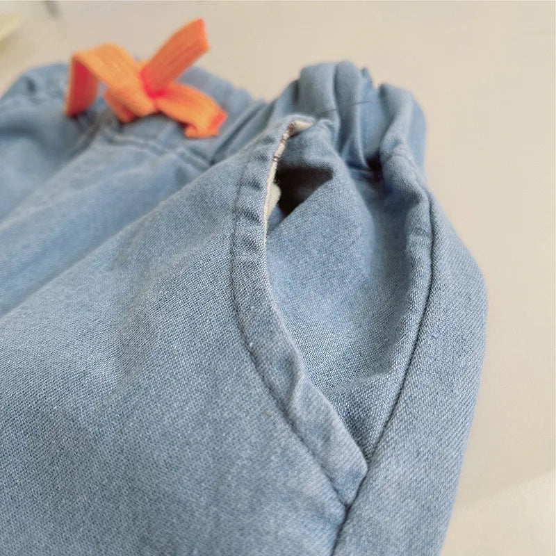 Close-up of blue baby shorts with orange drawstring from Baby Boy's Clothing Outfits Sets T-shirt & Shorts suits