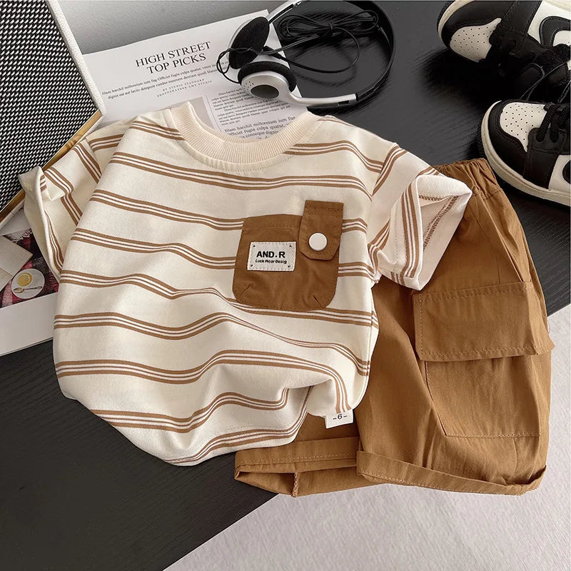 Baby Boys Striped Clothing Suits with cream and brown striped shirt and brown shorts set