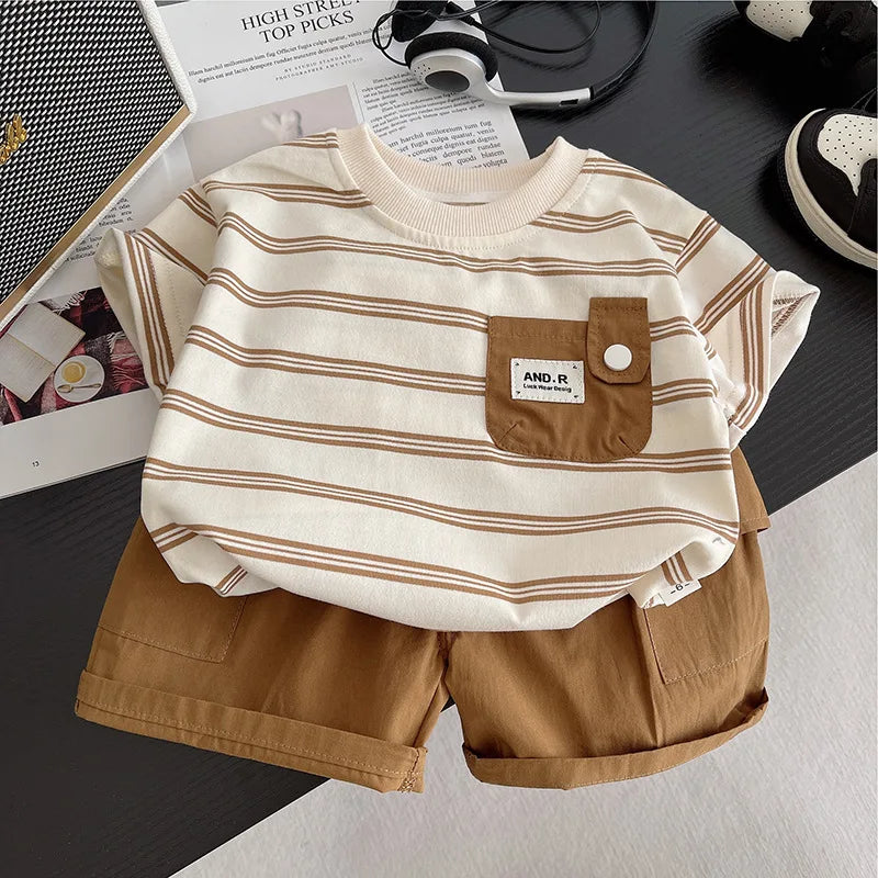 Baby Boys Striped Clothing Suits featuring cream and brown striped top with matching brown shorts